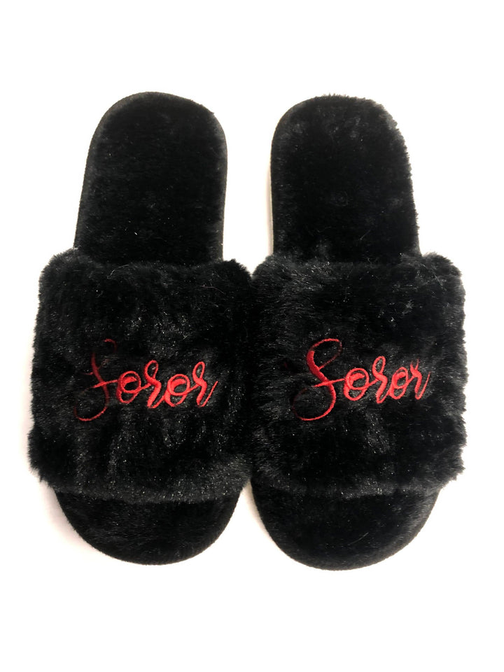 Black Plush "Soror" Slippers - Simply Greek