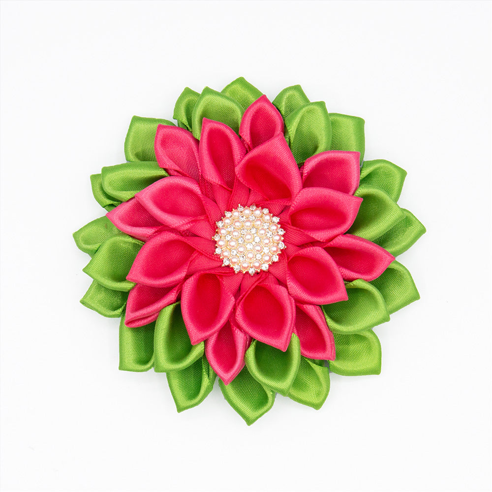 Pink & Green Satin Ribbon Flower Corsage