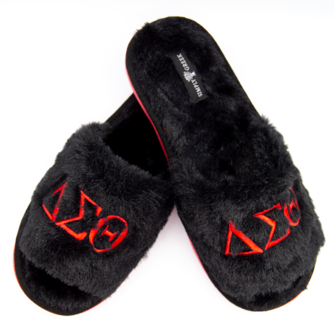 ΔΣΘ Black Plush Embroidered Women's Slipper Slides