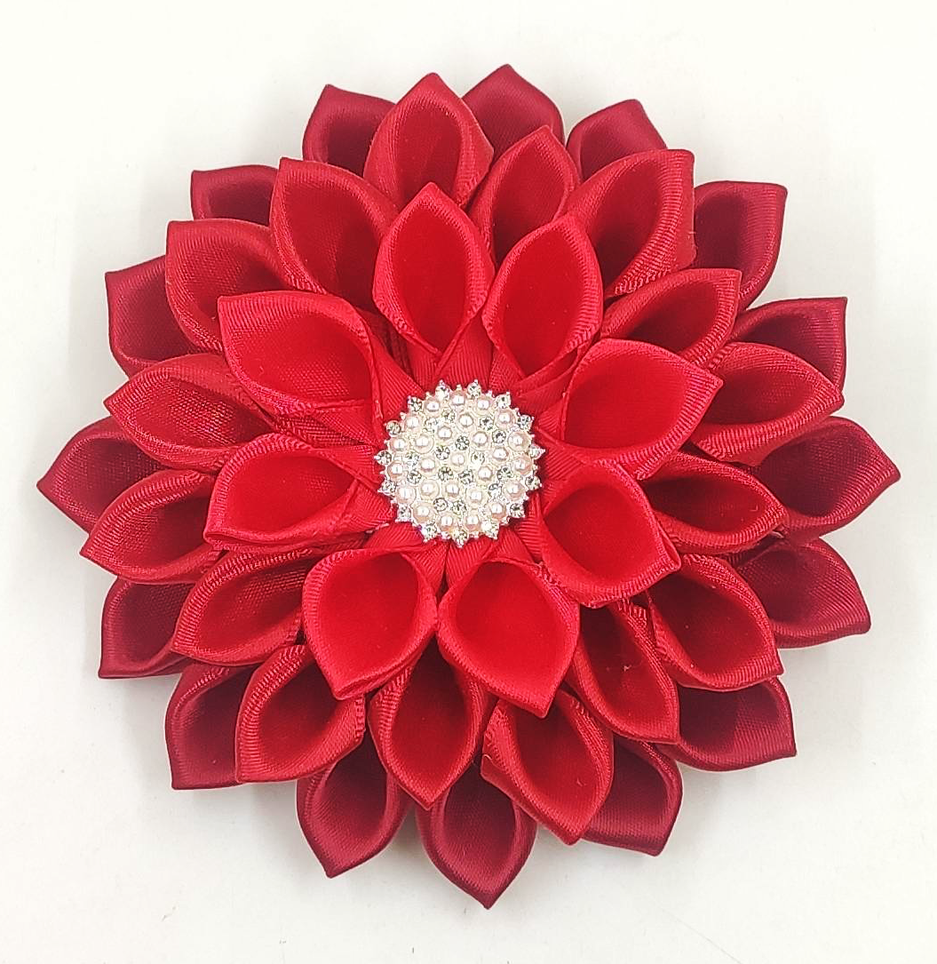 Red Ruby Satin Ribbon Flower Corsage Brooch "Michelle"