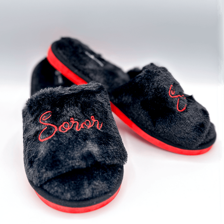 Black Plush "Soror" Slippers - Simply Greek