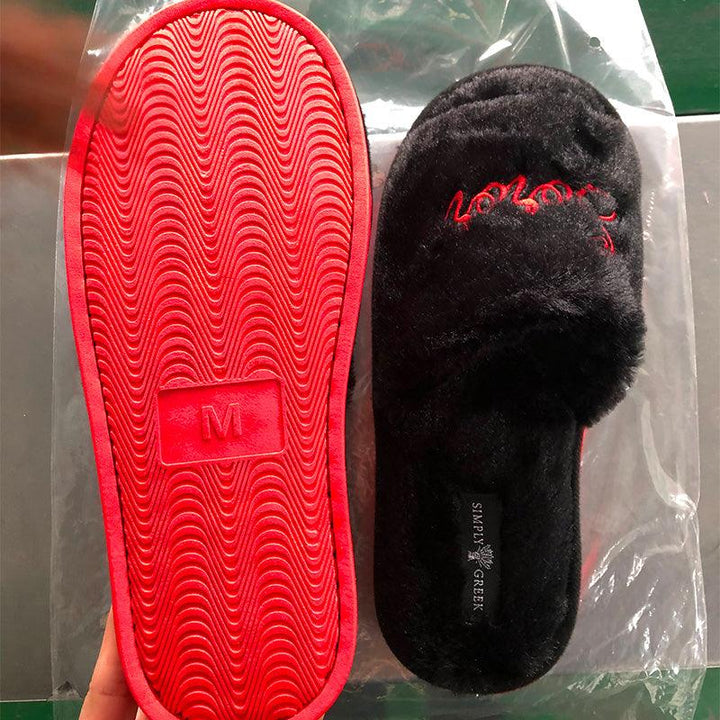 Black Plush "Soror" Slippers - Simply Greek