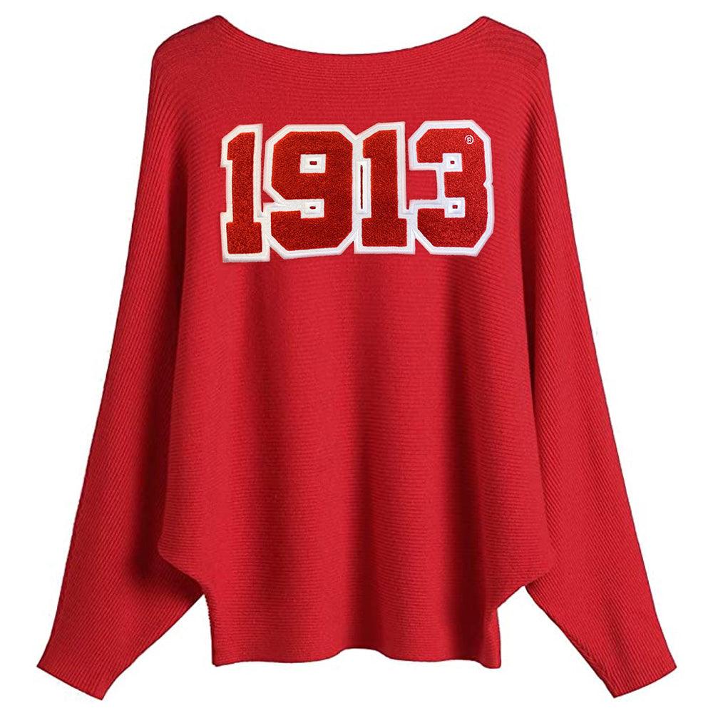Batwing Red Sweater with 1913 chenille patch by Simply Greek