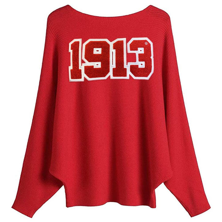 Batwing Red Sweater with 1913 chenille patch by Simply Greek