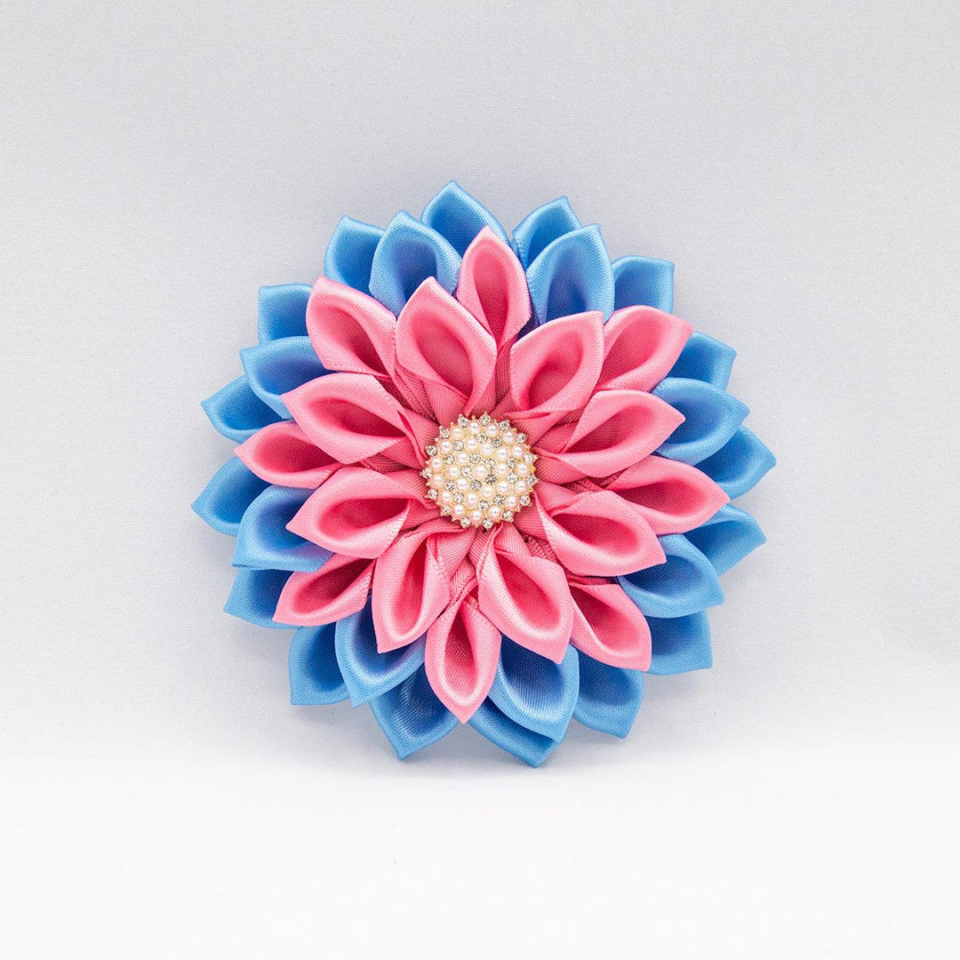 Blue & Pink Satin Ribbon Flower Brooch - Simply Greek