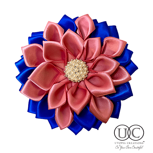 Blue & Pink Satin Ribbon Flower Brooch - Simply Greek