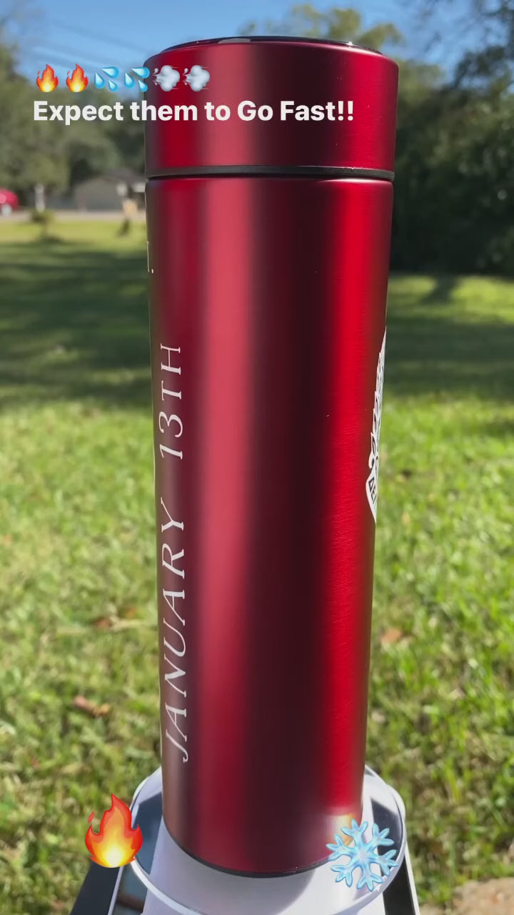 Delta Sigma Theta smart tumbler with LED temperature display on lid. Offered by Simply Greek