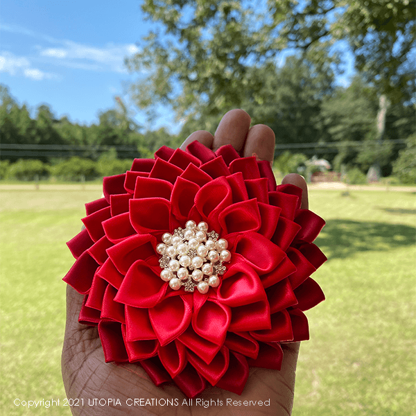 Red Ruby Satin Ribbon Flower Corsage Brooch "Michelle" - Simply Greek