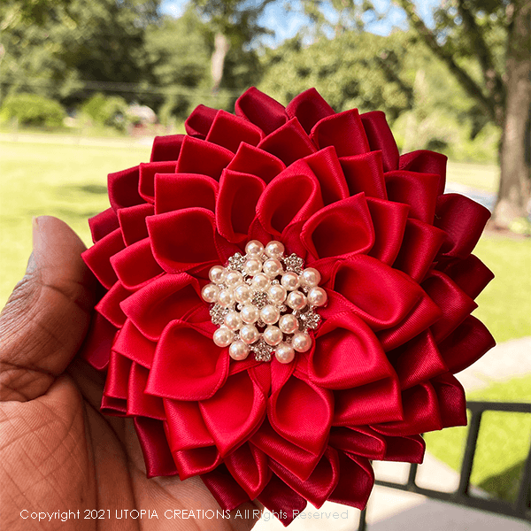 Red Ruby Satin Ribbon Flower Corsage Brooch "Michelle" - Simply Greek