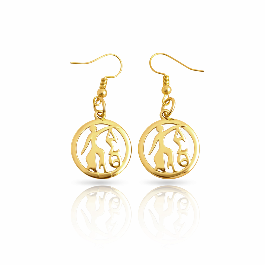 DST Fortitude earrings in a circle with Greek symbol on a white background