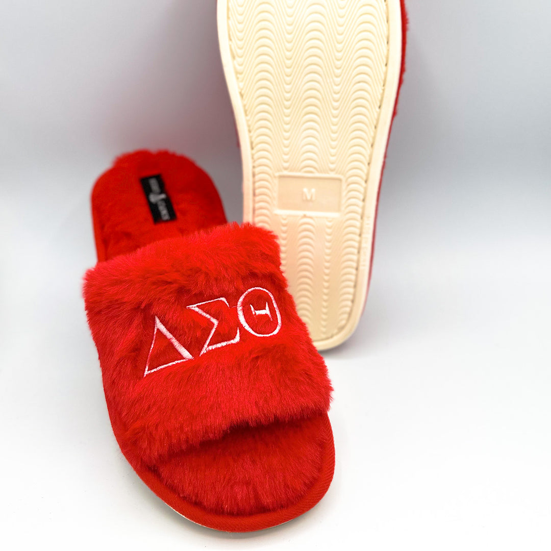 Delta Sigma Theta Red Plush Embroidered Slides by Simply Greek