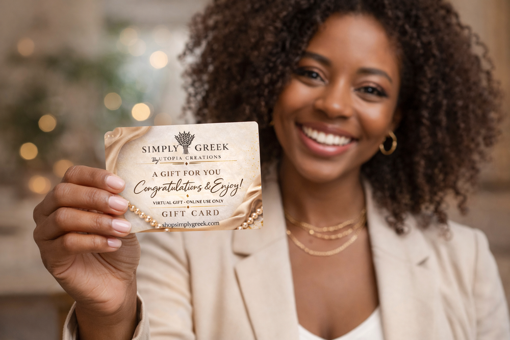 Woman holding a gift card with 'Simply Greek' branding in a blurred indoor setting