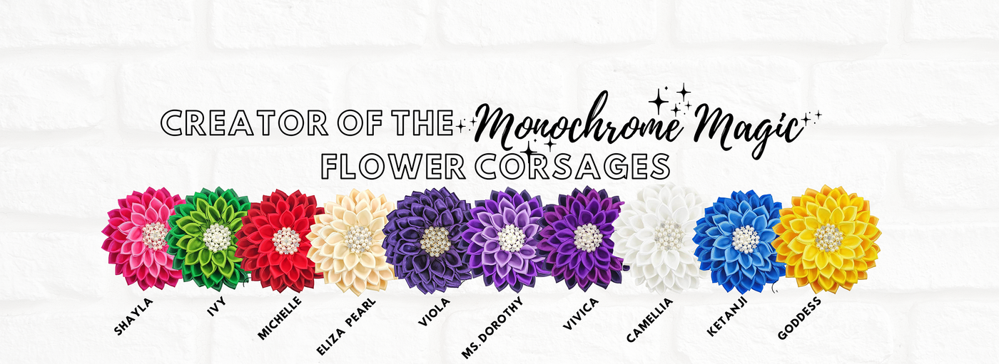 The original monochrome gradient sorority flower corsages by Utopia Creations. Featuring the African Violet Corsages, LINKS white roses corsage, Crimson Michelle, and Ketanji Blue gradient corsages.