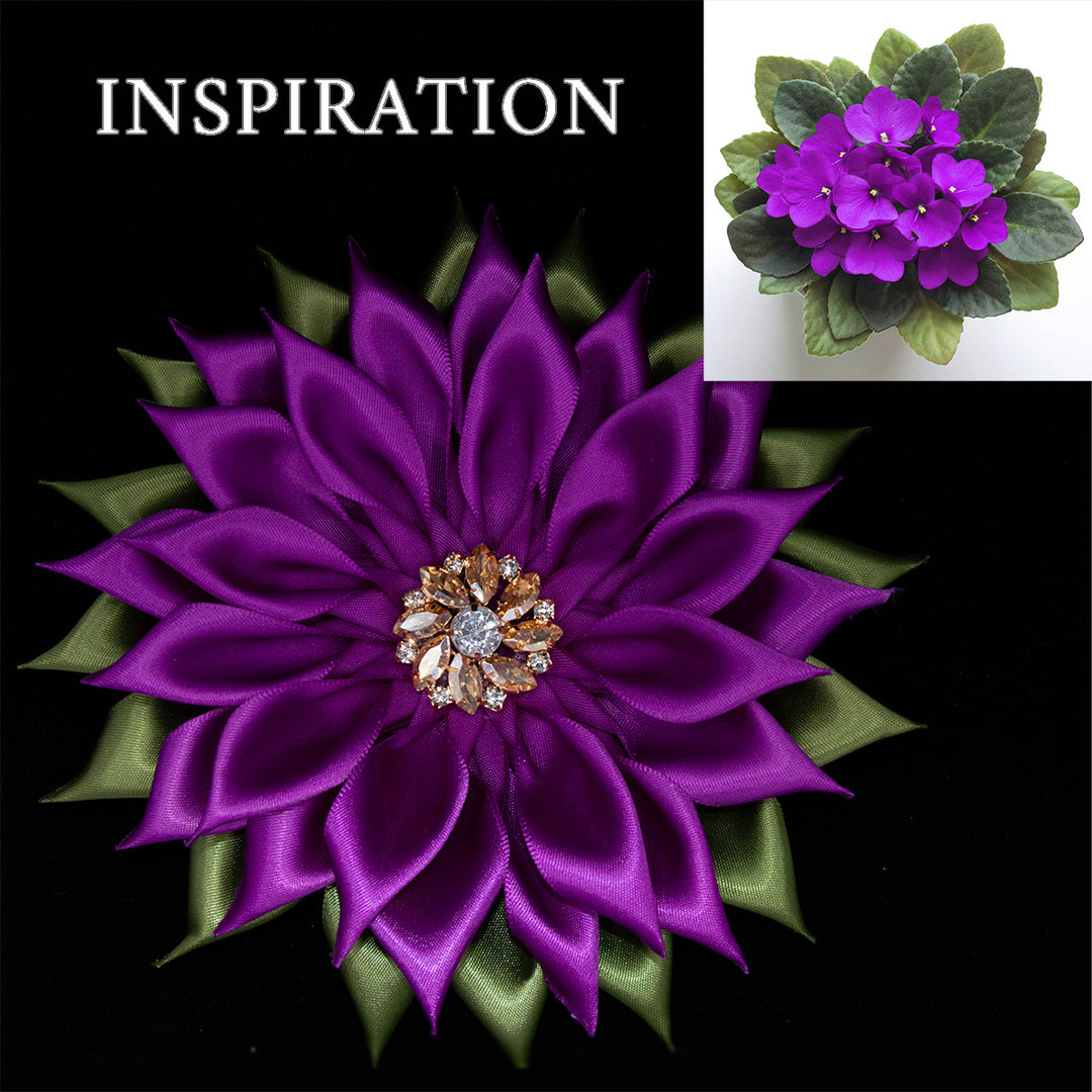 **NEW** Purple Violet & Green Ribbon Flower Brooch
