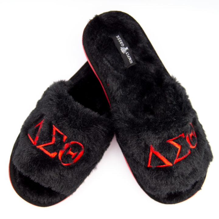 ΔΣΘ Black Plush Embroidered Women's Slipper Slides