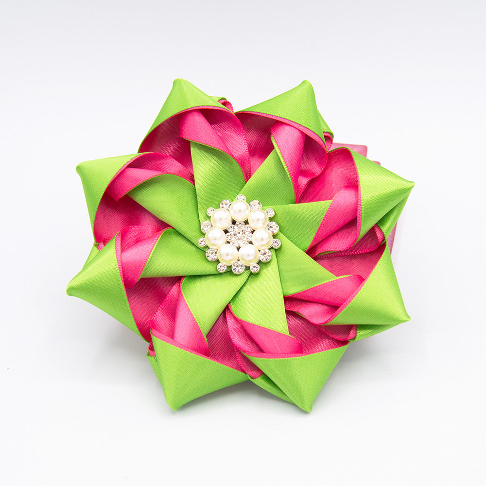 Pink & Green Satin Pinwheel Corsage – Simply Greek