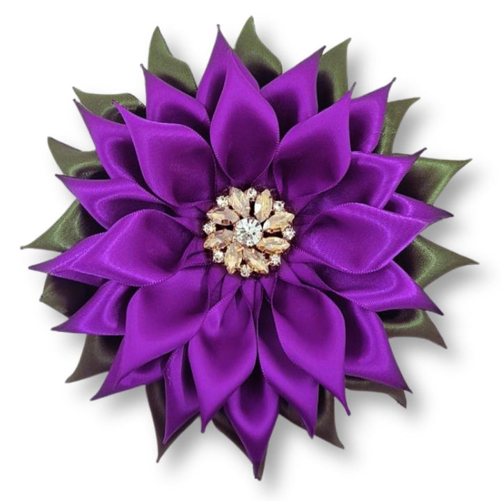 **NEW** Purple Violet & Green Ribbon Flower Brooch
