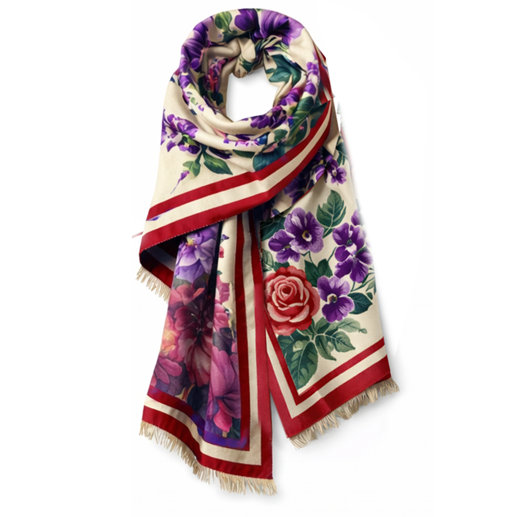 Purple violets and crimson rose patterned scarf with red border on a white background