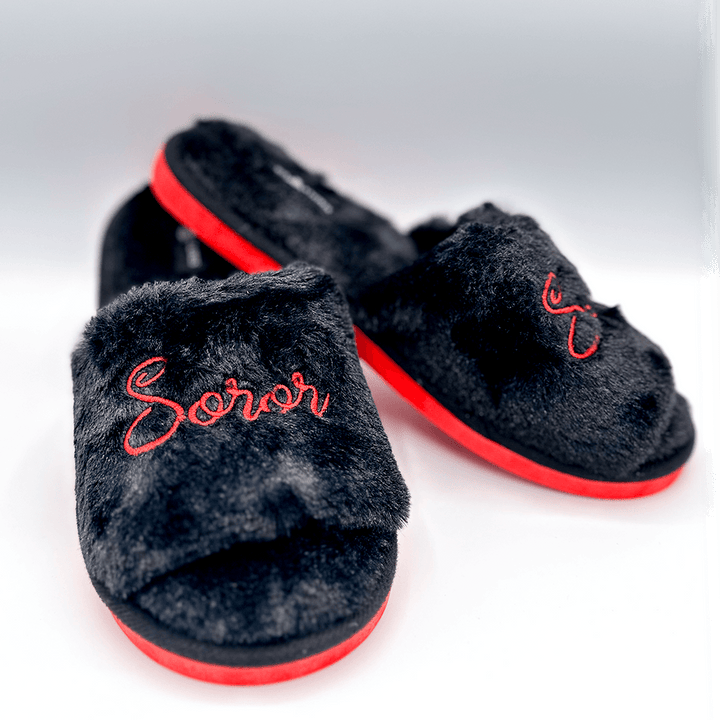 Black Plush "Soror" Slippers - Simply Greek