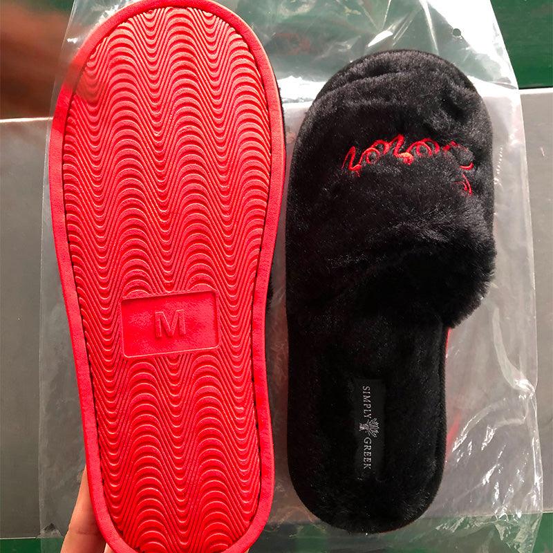 Black Plush "Soror" Slippers - Simply Greek