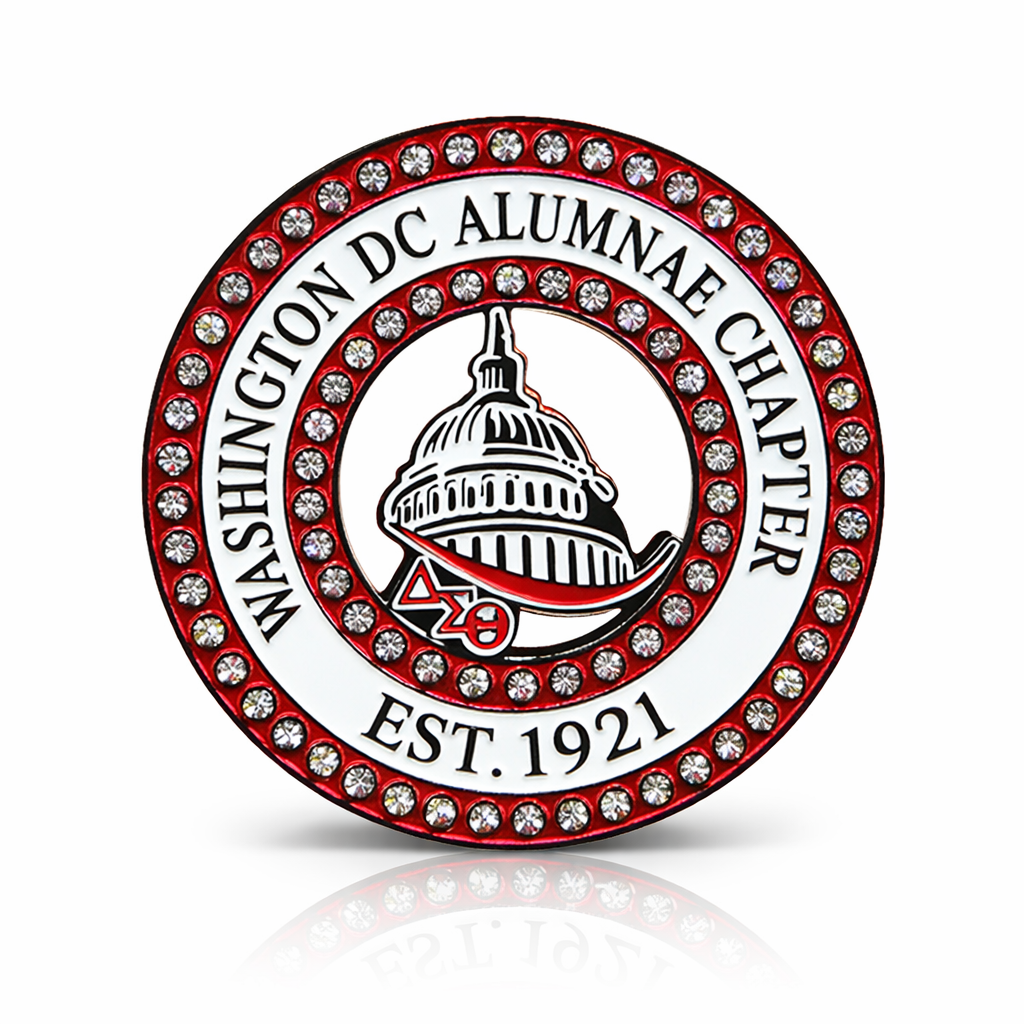 Circular badge with 'Washington DC Alumnae Chapter' text and Capitol building logo on a white background