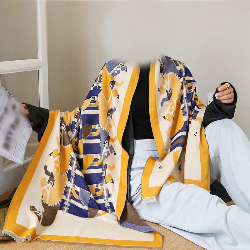 **NEW** Rhoyal Blue & Yellow Marching Horses Pashmina Shawl - Simply Greek