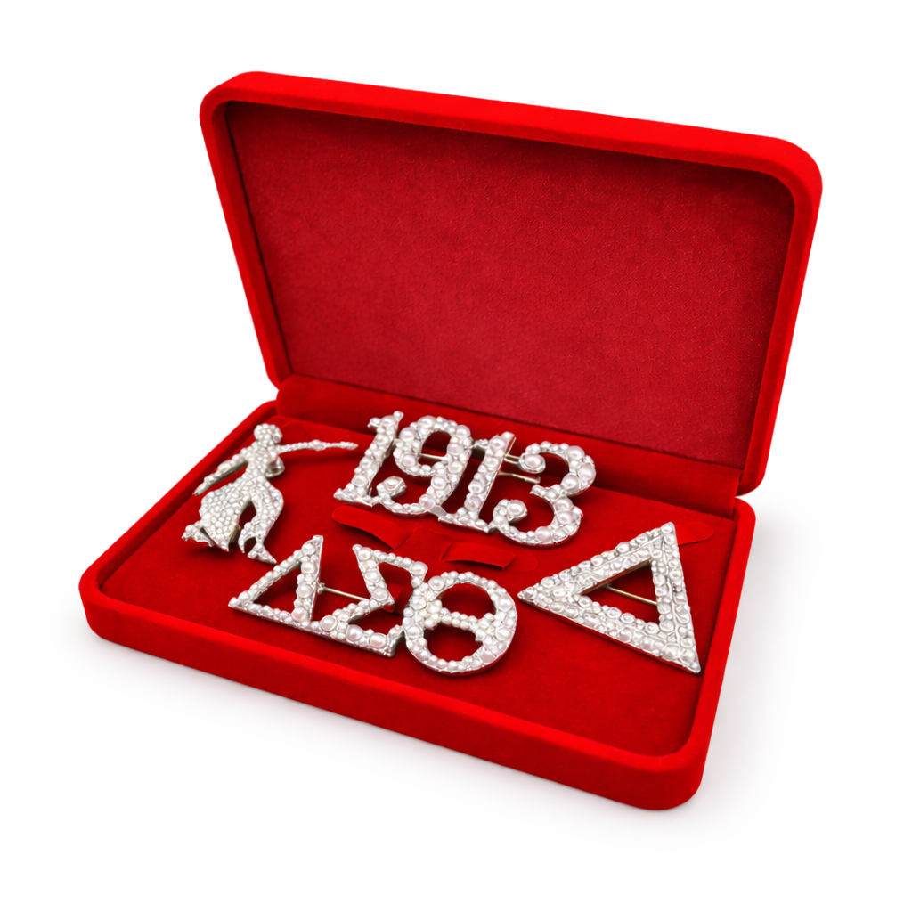 Pearl Essence Collection Diva Edition Delta Sigma Theta pearl brooch set in red velvet box by Utopia Creations
