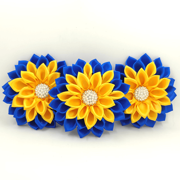 Royal Blue and Gold Satin Ribbon Flower Brooch - Simply Greek