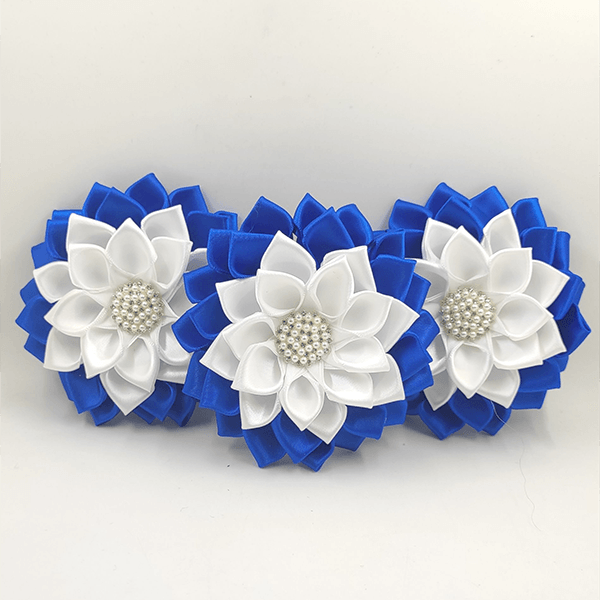 Blue & White Satin Ribbon Flower Brooch - Simply Greek