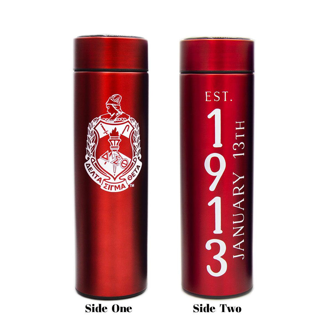Delta Sigma Theta smart tumbler with LED temperature display on lid. Offered by Simply Greek