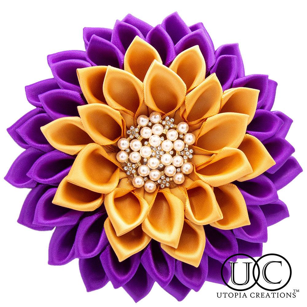 Purple & Gold Ribbon Flower Corsage Brooch - Simply Greek