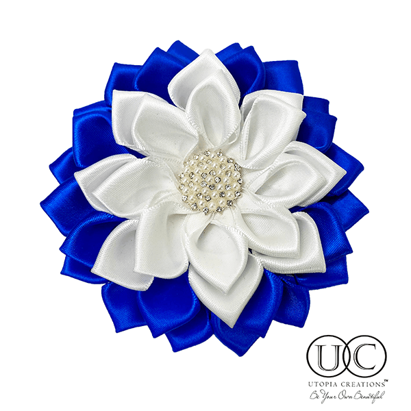 Blue & White Satin Ribbon Flower Brooch - Simply Greek