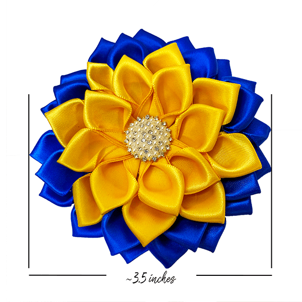 Royal Blue and Gold Satin Ribbon Flower Brooch - Simply Greek